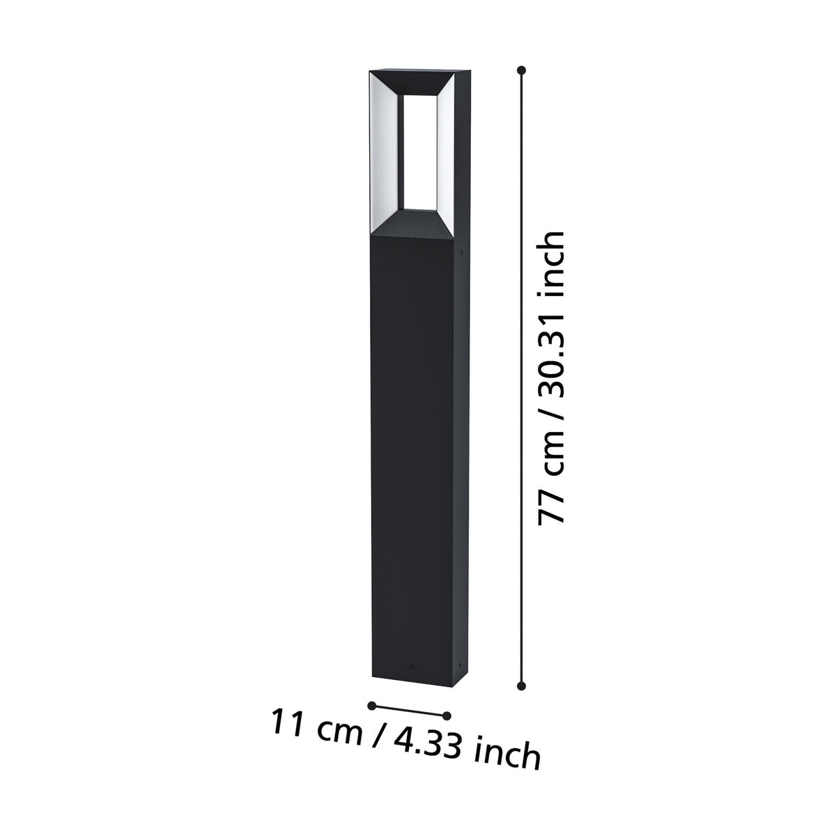 Cronvena outdoor LED bollard floor lamp in black cast aluminium, slim rectangular post with open-frame head and white diffuser, shown with dimensions 77cm height and 11cm width on a white background.