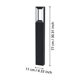 Cronvena outdoor LED bollard floor lamp in black cast aluminium, slim rectangular post with open-frame head and white diffuser, shown with dimensions 77cm height and 11cm width on a white background.