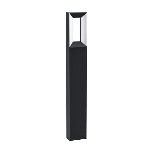 Cronvena outdoor LED bollard floor lamp in black cast aluminium, slim rectangular post with an open-frame head and white plastic diffuser, shown on a plain white background.