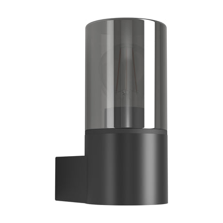 Cropani Outdoor Wall Light in black, a cylindrical fixture with smoked glass shade, visible E27 bulb, and squared side bracket, shown on a plain white background.