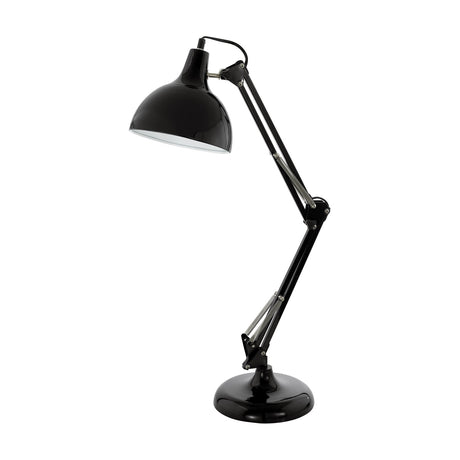 Crosmanne Table Lamp in gloss black steel with a dome shade, white interior, sprung jointed arm and round base, shown on a plain white background.