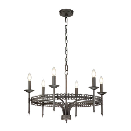 The Crown 6 Light Chandelier in graphite showcases a regal elegance with its rustic design, featuring six candle-shaped light bulbs arranged in a circular pattern. Its dark metalwork and decorative detailing complement its sophisticated appearance, while it elegantly hangs from the ceiling by a chain.