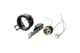 Satin Downlight Component Kit with satin black retaining ring, spring clips, mounting bracket, and GU10 ceramic lampholder with cables, shown on a white background.