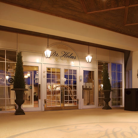 The entrance of the hotel showcases large glass doors illuminated by warm lighting and flanked by two tall potted plants. The name Dr. Holms Hotel is elegantly displayed, with the ambiance enhanced by two Chelsea Outdoor 1 Light Chain Pendants in copper that hang above the inviting doorway.