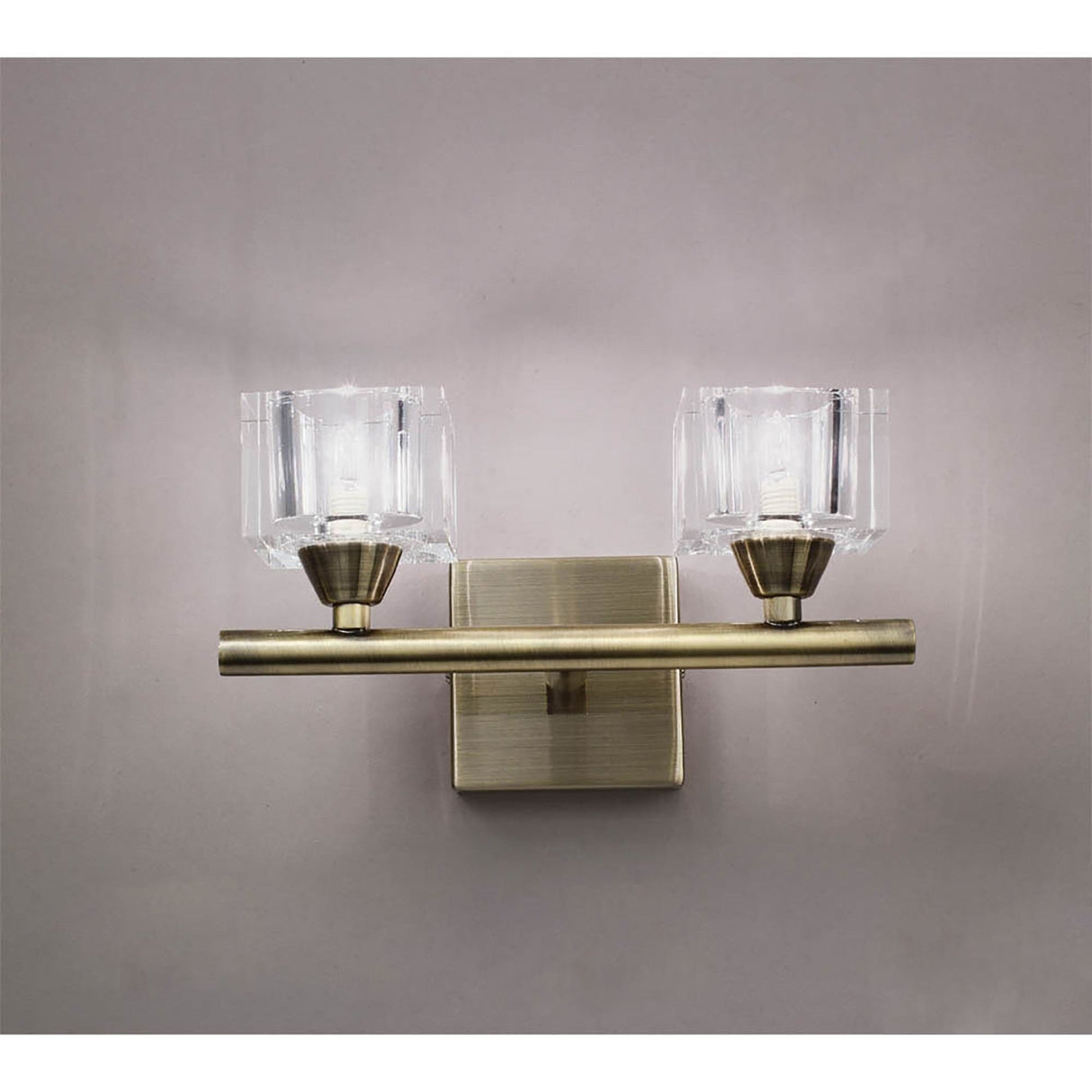 Cuadrax 2 Light Clear Glass Wall Light With Switch - Antique Brass