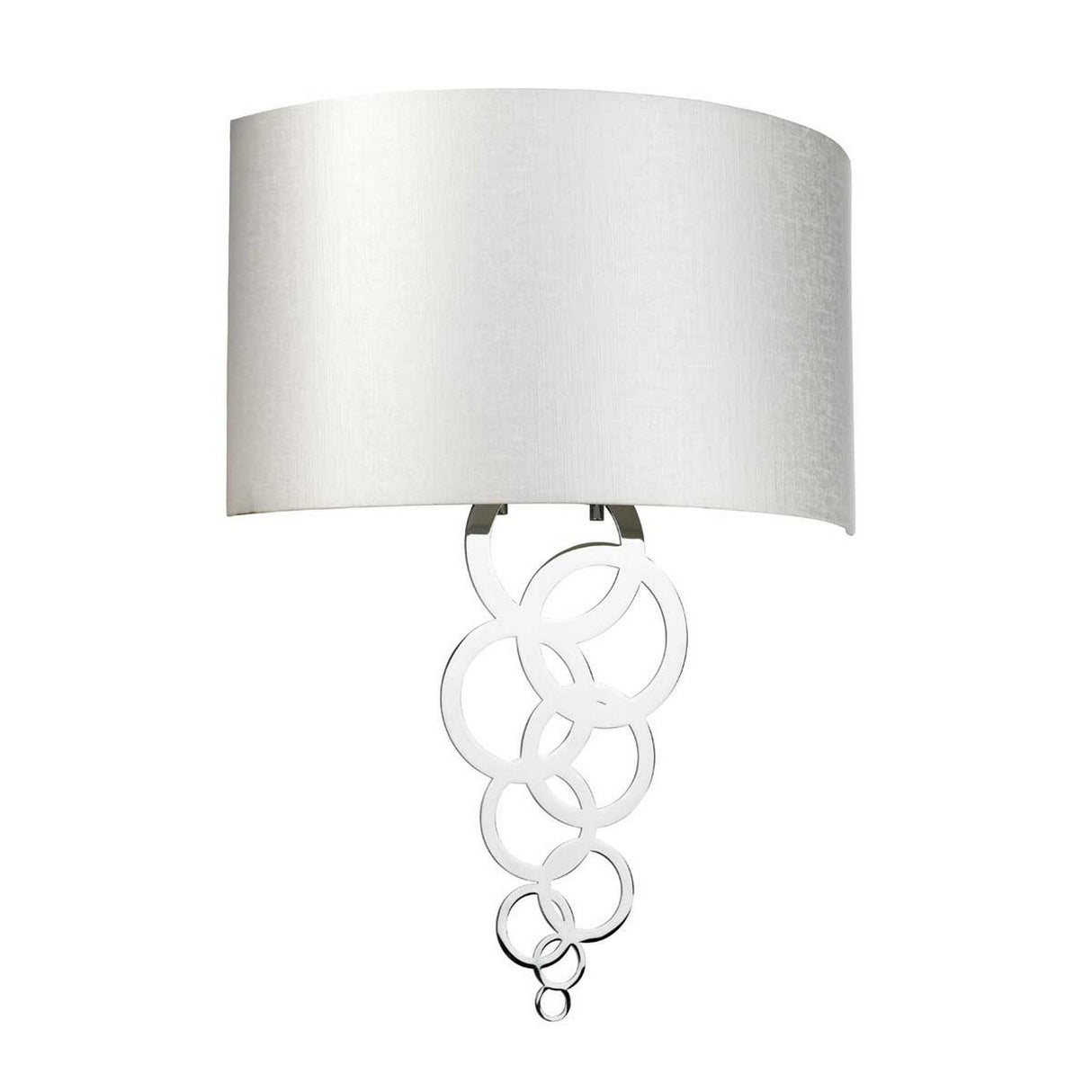 The Curtis Large Wall Light - Polished Chrome showcases a sophisticated design with a white, cylindrical lampshade and an arrangement of interlocking metal rings in descending sizes, all enhanced by a polished chrome finish that adds elegance to any modern interior.