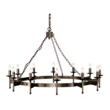 The Cromwell 12 Light Chandelier - Old Bronze is a grand, circular chandelier that exudes medieval charm with 12 candle-like bulbs adorning its handcrafted solid iron frame. Suspended by three chains, it features an old bronze finish that enhances its antique appearance.