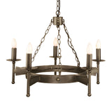 The Cromwell 5 Light Chandelier in Old Bronze features a handcrafted iron construction with a rustic metal finish. Its circular frame and five candle-style bulbs are suspended by a chain, bringing an elegant, medieval-inspired ambiance to any space.