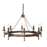 The Cromwell 8 Light Chandelier in Old Bronze showcases a rustic, circular design with a medieval touch, featuring eight candle-like bulbs evenly distributed across two tiers. Suspended by chains, it radiates antique elegance and charm.