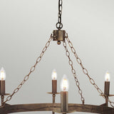 The Cromwell 8 Light Chandelier in Old Bronze boasts a vintage-style metal construction with a medieval lighting design, featuring five candle-shaped light bulbs. Elegantly suspended from the ceiling by a chain, this classic chandelier perfectly highlights its timeless appeal.