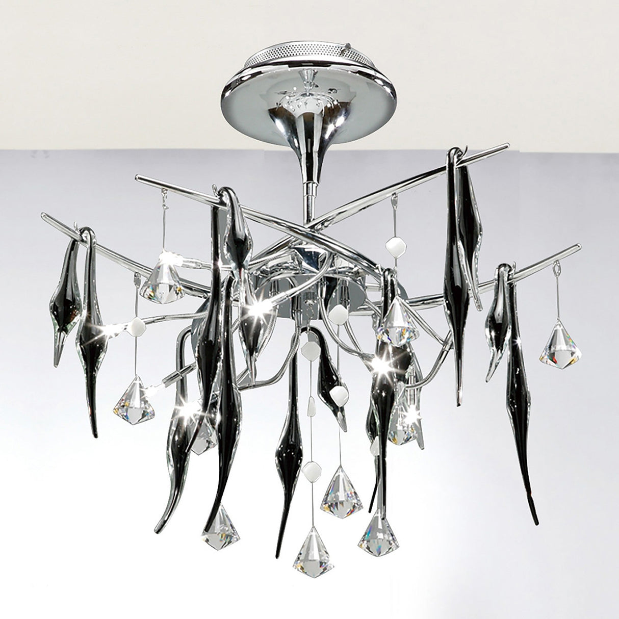 Cygnet 10 Light Crystal & Glass Semi-Flush Ceiling Light – Polished Chrome & Black
