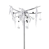 The Cygnet 6 Light Glass & Crystal Floor Lamp - Chrome boasts a sleek chrome stand with curved branches, adorned with glass and crystal accents, creating an elegant and modern artistic statement for any room.