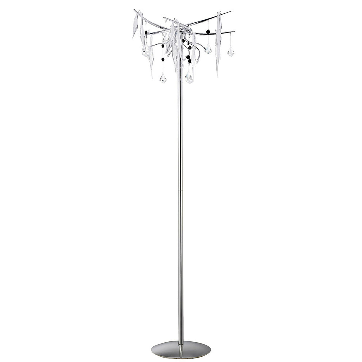 The Cygnet 6 Light Glass & Crystal Floor Lamp - Chrome features a tall, slim chrome stand with a circular base, topped with clear and black crystals and metallic leaves for a modern statement look.