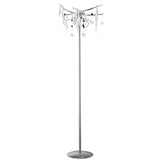 The Cygnet 6 Light Glass & Crystal Floor Lamp - Chrome features a tall, slim chrome stand with a circular base, topped with clear and black crystals and metallic leaves for a modern statement look.