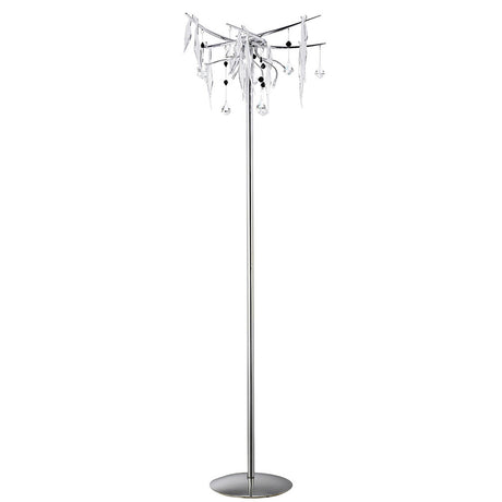 The Cygnet 6 Light Glass & Crystal Floor Lamp - Chrome features a tall, slim chrome stand with a circular base, topped with clear and black crystals and metallic leaves for a modern statement look.