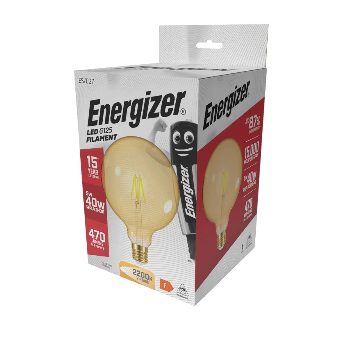 The image displays the packaging of an Energizer 5W G125 Non-Dimmable LED Globe Gold Filament Bulb in warm white with an E27 base. It emphasizes the bulb's design, a lifespan of 15 years, energy efficiency equivalent to 40W, 470 lumens output, and warm white light at 2200K, along with an energy rating of F.