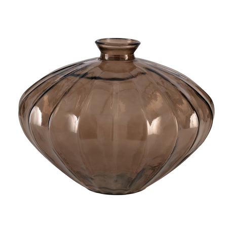 Dahukeng Vase 28cm in brown tinted glass, a wide ribbed form with a narrow flared neck, shown on a plain white background.