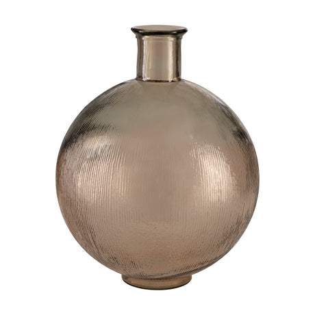 Dahukeng Vase 42cm in brown tinted glass, round globe shape with textured vertical lines and a short cylindrical neck, shown against a plain white background.
