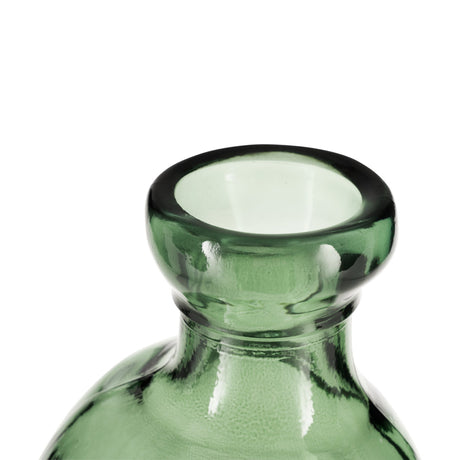 Close-up of the Dahukeng Vase in green tinted glass, showing the rolled neck and narrow opening with a translucent, slightly dented bottle body, against a plain white background.