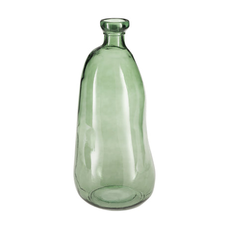 Dahukeng Vase in green tinted glass, a tall bottle-shaped vase with irregular dented sides and a narrow rolled neck, shown on a plain white background.