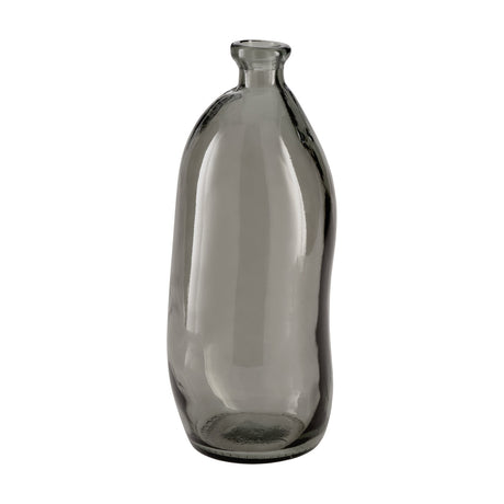 Dahukeng Vase in smoked grey glass, a tall bottle-shaped vase with a gently curving body, narrow neck, and small lipped opening, shown against a plain white background.