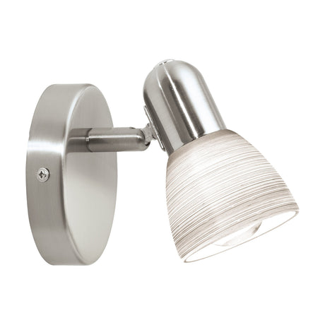Dakar 1 wall spotlight with round satin nickel backplate, jointed arm, and white streaked glass shade, shown on a plain white background.