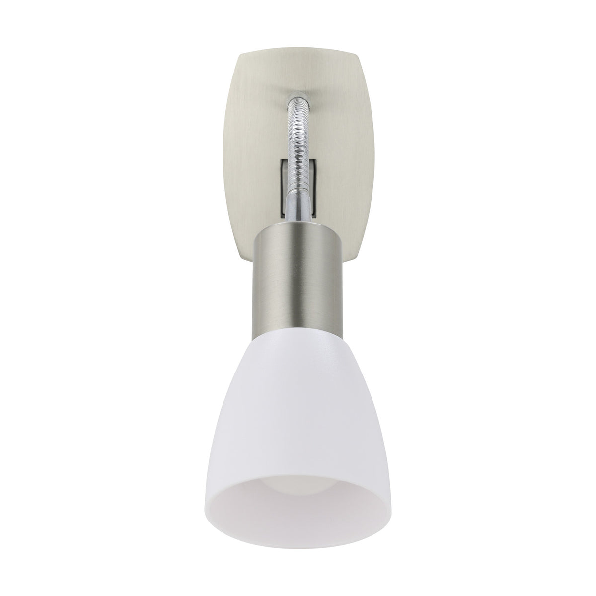 Dakar 3 plug-in spotlight with satin nickel wall plate, flexible chrome gooseneck arm, and white conical shade, shown on a plain white background.