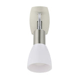 Dakar 3 plug-in spotlight with satin nickel wall plate, flexible chrome gooseneck arm, and white conical shade, shown on a plain white background.