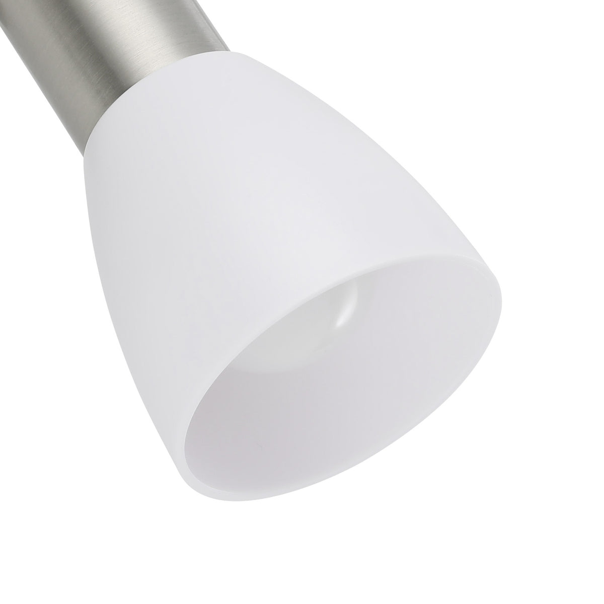 Close-up of the Dakar 3 plug-in spotlight's white cone-shaped shade on a satin nickel gooseneck arm, shown against a plain white background.
