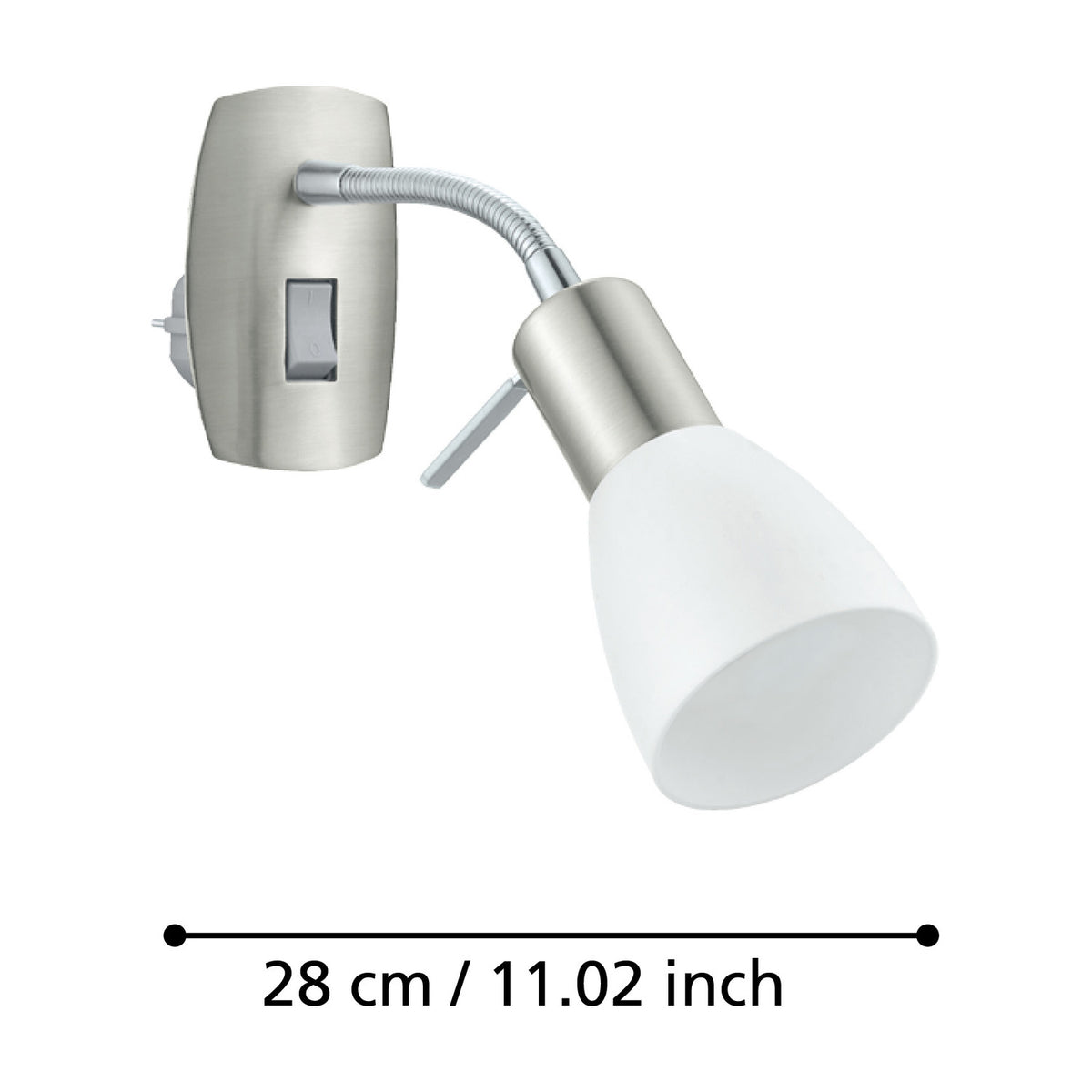 Dakar 3 plug-in spotlight with satin nickel and chrome body, flexible gooseneck arm and white shade, shown with dimension line marking 28cm reach on a white background.
