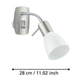 Dakar 3 plug-in spotlight with satin nickel and chrome body, flexible gooseneck arm and white shade, shown with dimension line marking 28cm reach on a white background.