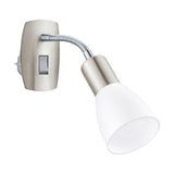 Dakar 3 plug-in spotlight with satin nickel and chrome body, flexible chrome gooseneck, integrated switch, plug, and white conical shade, shown on a plain white background.
