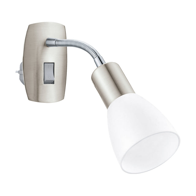 Dakar 3 plug-in spotlight with satin nickel and chrome body, flexible chrome gooseneck, integrated switch, plug, and white conical shade, shown on a plain white background.