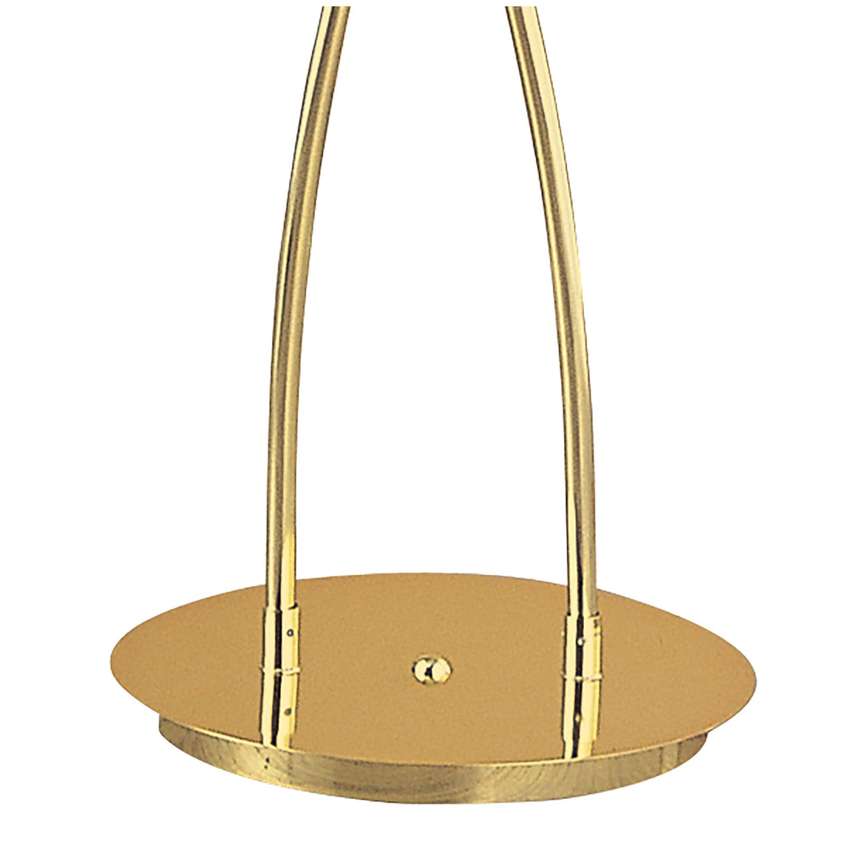 Close-up of the Dali 2 Light Floor Lamp in polished brass, featuring a shiny round base with two curved rods, isolated on a white background.