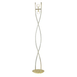 The Dali 2 Light Floor Lamp in polished brass features two curved gold rods twisting upward, each holding a spherical glass shade near the top, all anchored by a sleek, polished brass base.