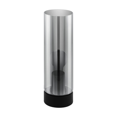 Damasco 1 Table Lamp in black: tall smoked glass cylinder shade on a round black steel base, with visible E27 bulb holder, shown on a plain white background.