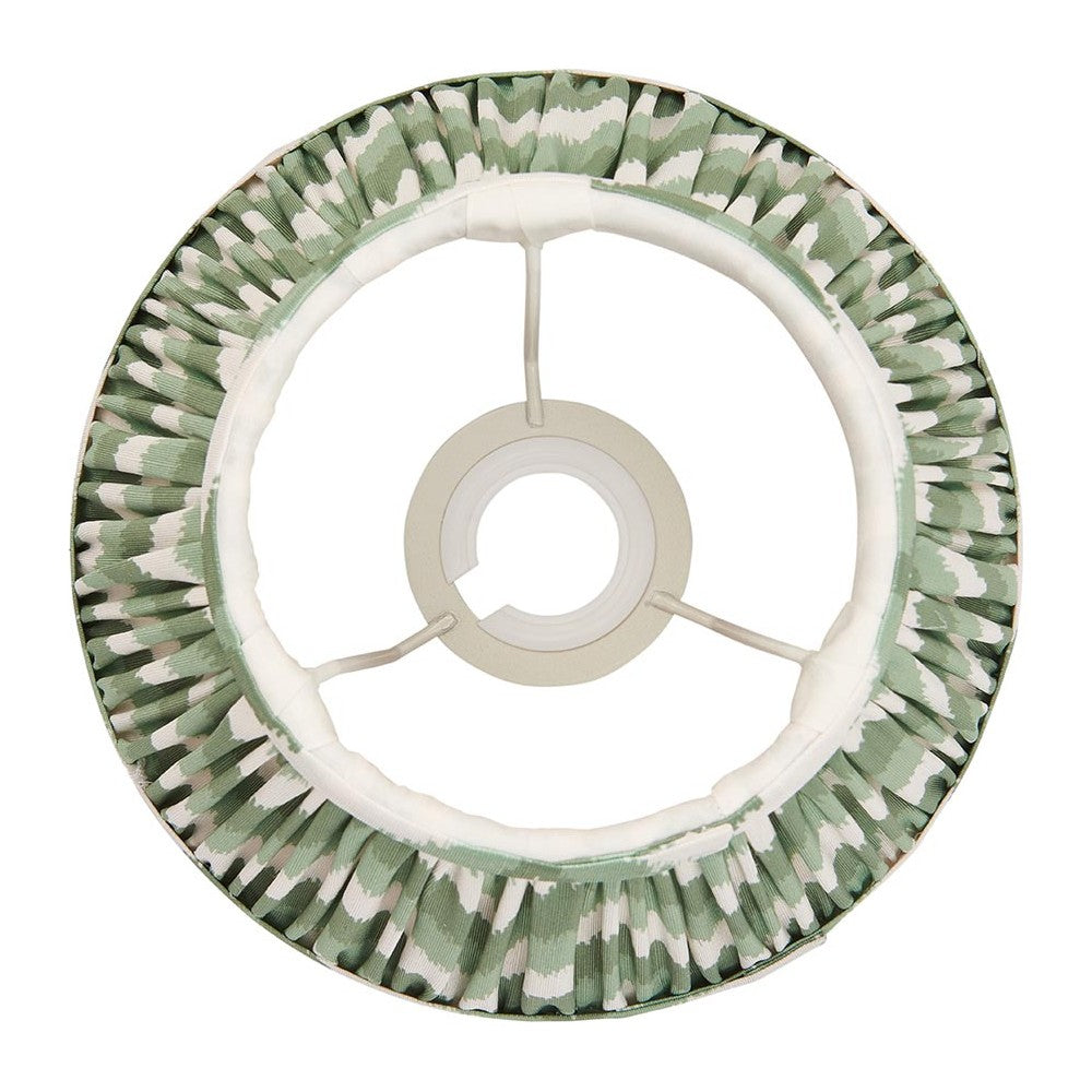 Endon Daneton 20cm tapered lamp shade in Cotswold green zigzag pleated faux silk with white taped edging and fixed gimbal fitting, top-down view.