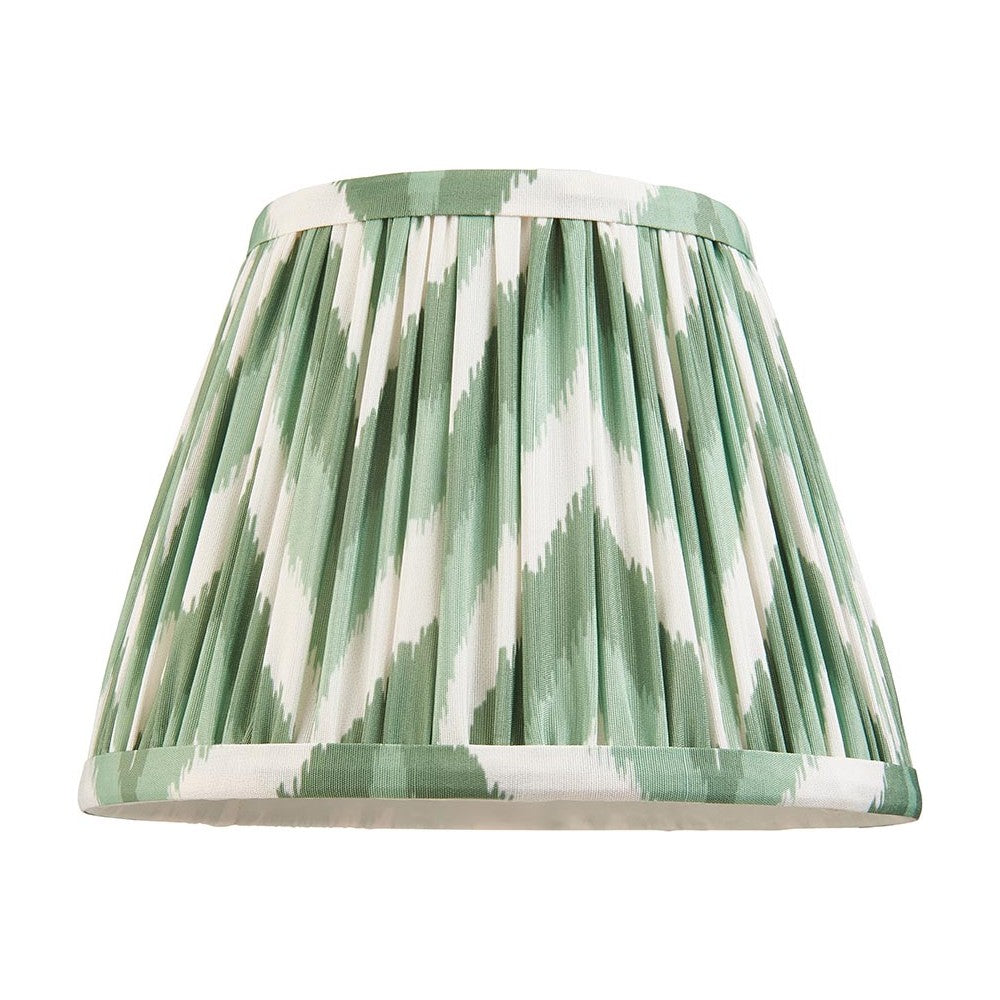 Endon Daneton 20cm tapered lamp shade in pleated faux silk with a green and white zigzag print and taped edging, shown on a plain background.