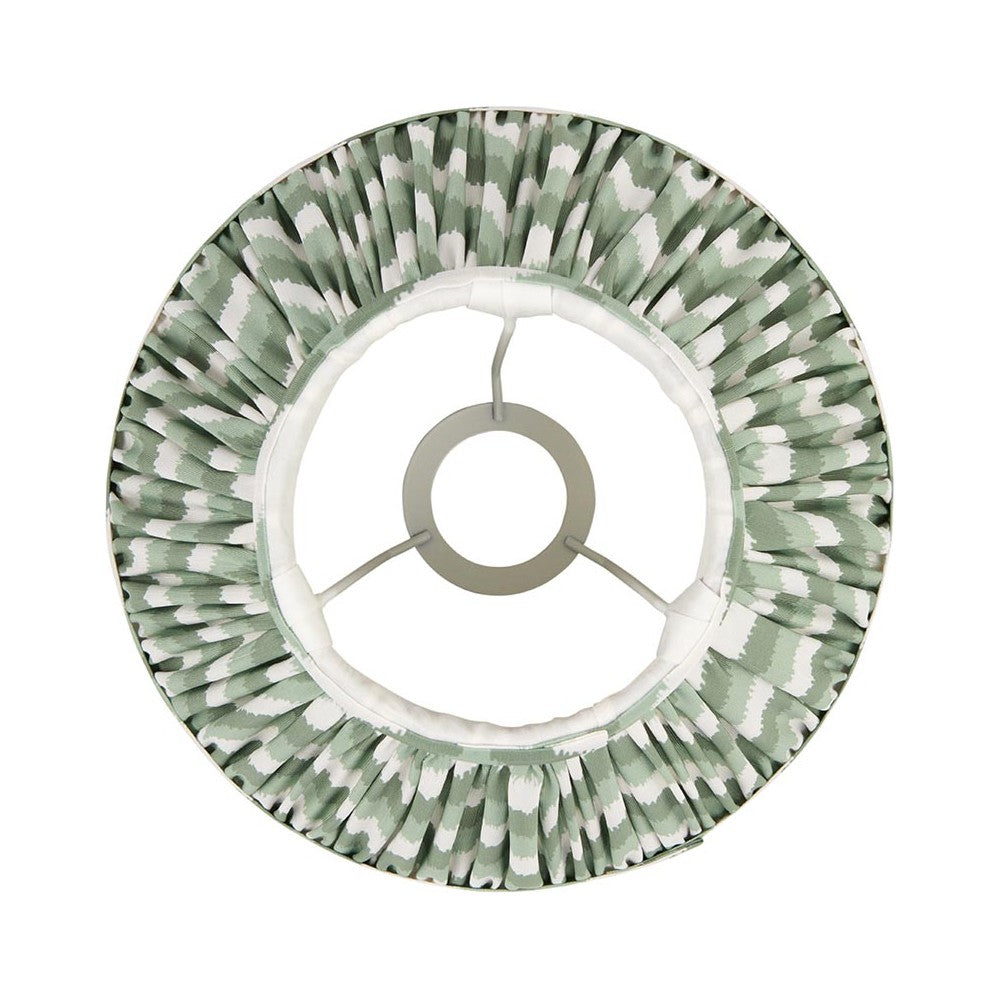 Endon Daneton 25cm tapered lamp shade in Cotswold green with white zigzag print, pleated faux silk and gimbal fitting, viewed from below on white.