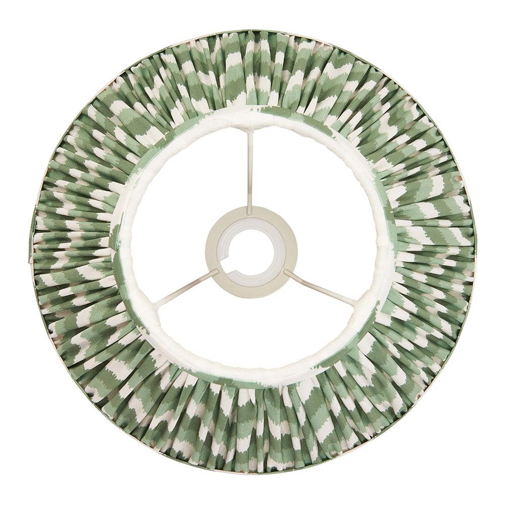 Endon Daneton 30cm tapered lamp shade in Cotswold green zigzag pleated faux silk, viewed from above showing the gimbal fitting, on a white background.