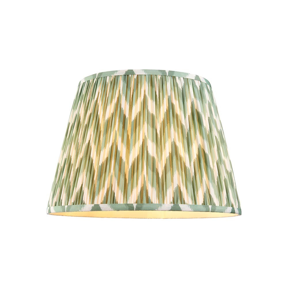 Endon Daneton 40cm tapered lamp shade in pleated faux silk with a green and cream zigzag print and taped edges, on a plain white background.