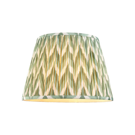 Endon Daneton 40cm tapered lamp shade in pleated faux silk with a green and cream zigzag print and taped edges, on a plain white background.