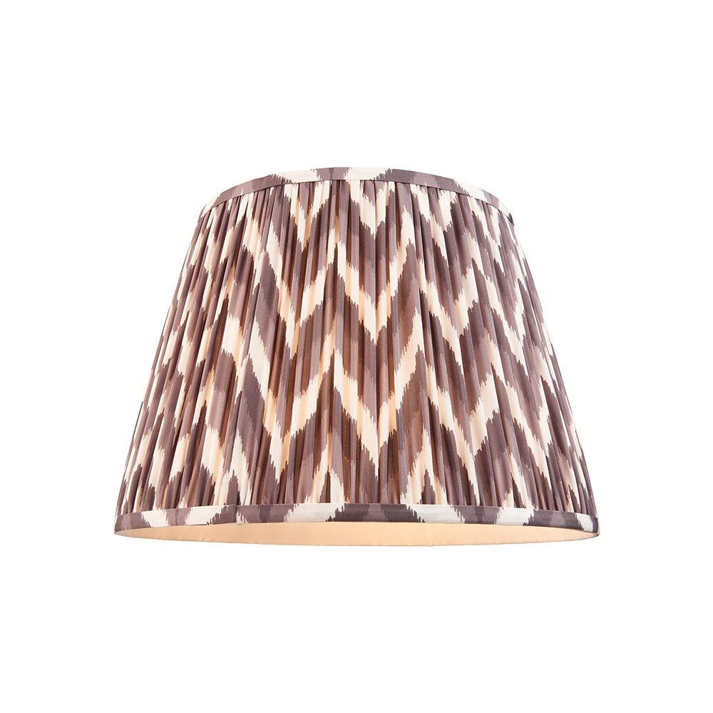 Endon Daneton 40cm tapered lamp shade in pearl grey pleated faux silk with a white and grey zigzag print and taped edges, on a white background.