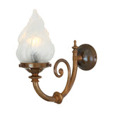 Darwin Glass Wall Light, a single-arm brass wall light with a frosted flame-shaped glass shade held in a round brass ring, curved scrolled arm and round backplate, shown on a plain white background.