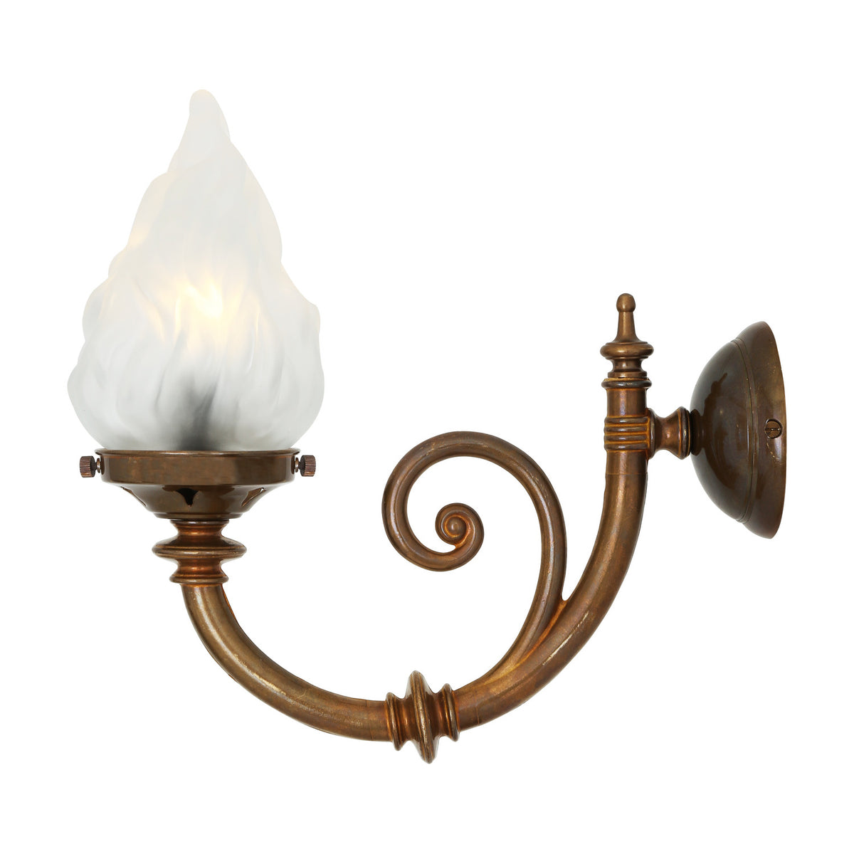 Darwin Glass Wall Light in brass with a frosted flame-shaped glass shade, scrolled arm, finial detail, and round backplate, shown on a plain white background.