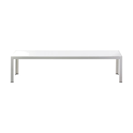Dats Aluminium Garden Bench in white, a long low rectangular bench with a glossy flat top and slim square legs, shown on a plain white background.