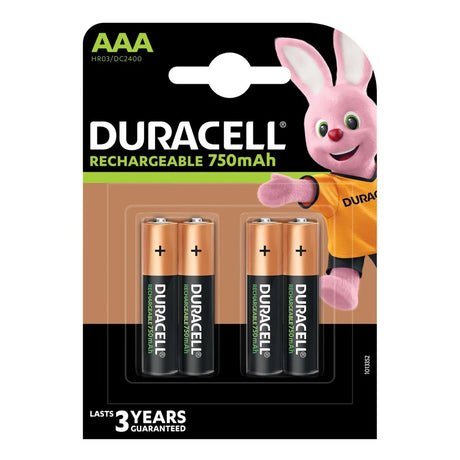 The image displays a package of Duracell AAA HR03 rechargeable batteries, featuring a 750mAh capacity. Four batteries and Duracell's iconic bunny are visible on the packaging, which promotes sustainable energy with a promise to last 3 years guaranteed.