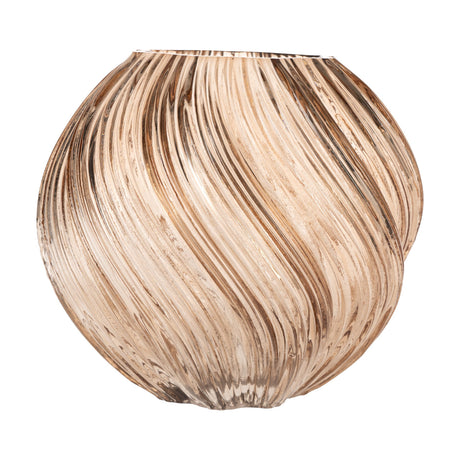 Debepare Glass Vase 16cm, a rounded vase with twisted rib texture in earthy brown and cream tones, wavy rim and narrow opening, shown on a plain white background.