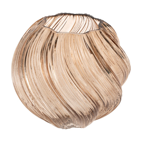 Debepare Glass Vase 16cm, a rounded earthy-toned glass vase with twisted ribbed texture and a wavy rim, shown against a plain white background.