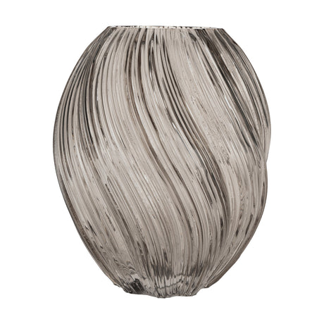 Debepare Glass Vase 21cm, a smoked grey glass vase with a rounded egg-like body, diagonal ribbed texture, and a wavy rim, shown on a plain white background.